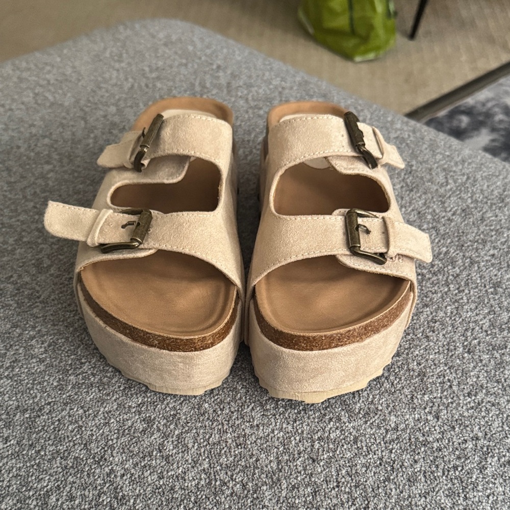 JustFab Tan Mules with Buckle Accents